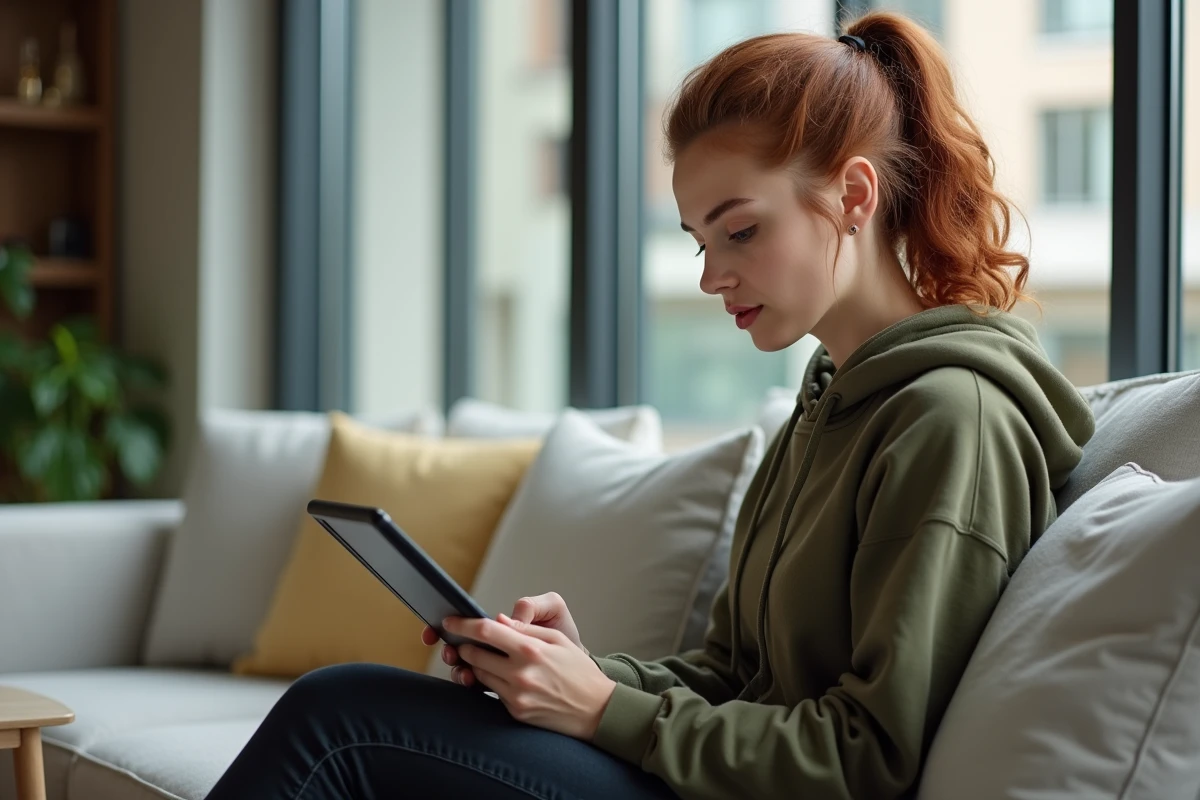 Jeune femme accédant à son espace membre Wannonce sur une tablette depuis son salon pour consulter des annonces gratuites