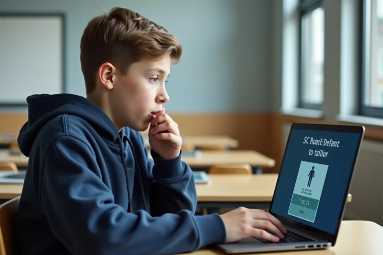 Adolescent concentré qui passe l'examen ASSR sur un ordinateur portable en classe