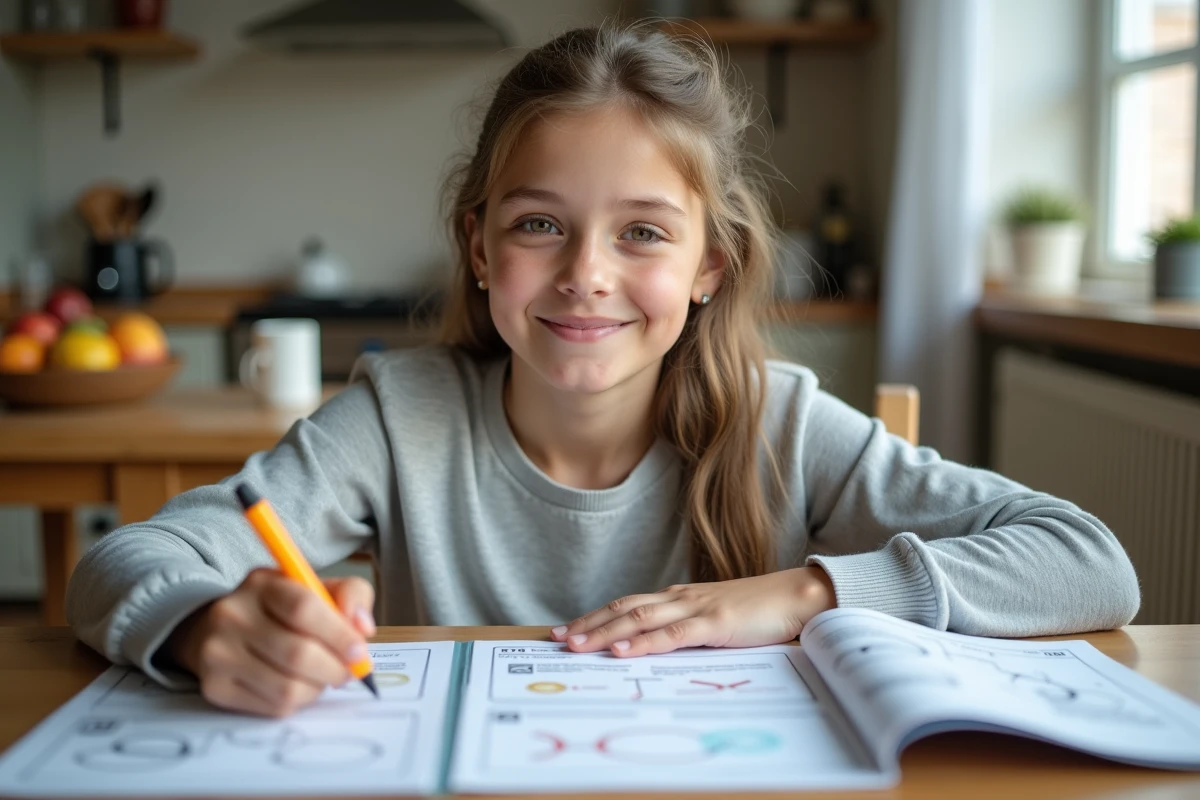 Adolescente révisant le code de la route pour préparer l'examen ASSR à la maison