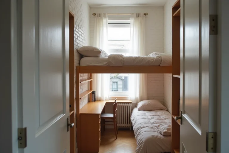 Intérieur aménagé d'une studette avec lit mezzanine, bureau en bois et rangements optimisés dans un petit espace urbain
