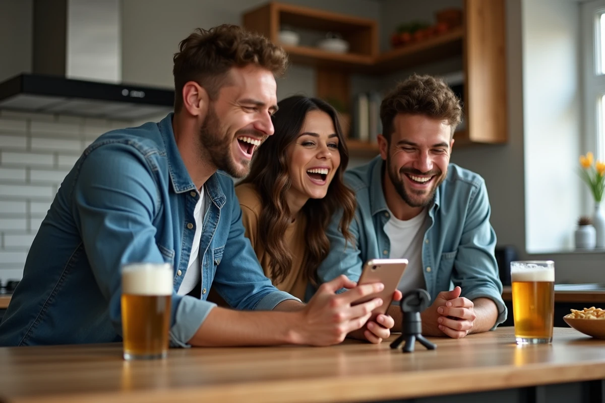 Groupe d'amis regardant un match de football en direct sur smartphone dans une cuisine