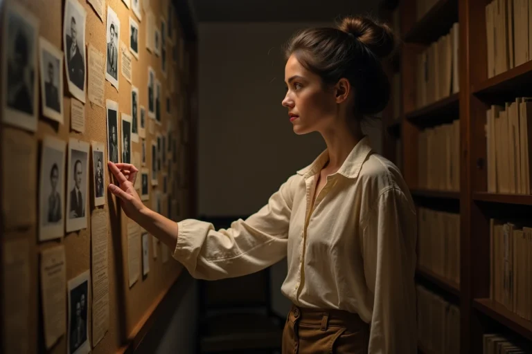 Jeune femme contemplant une collection de photographies historiques dans une salle d'archives vintage remplie de clichés en noir et blanc
