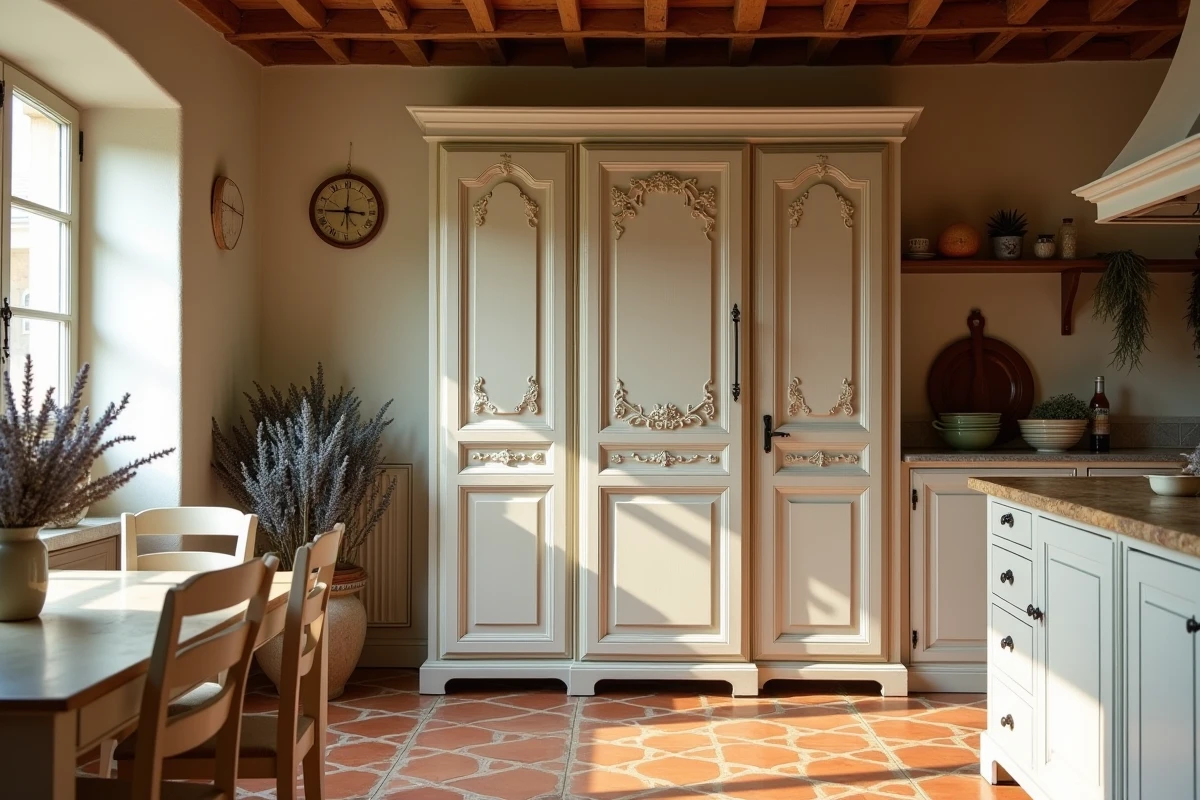 Armoire ancienne peinte dissimulant entièrement le réfrigérateur dans une cuisine de style campagne française