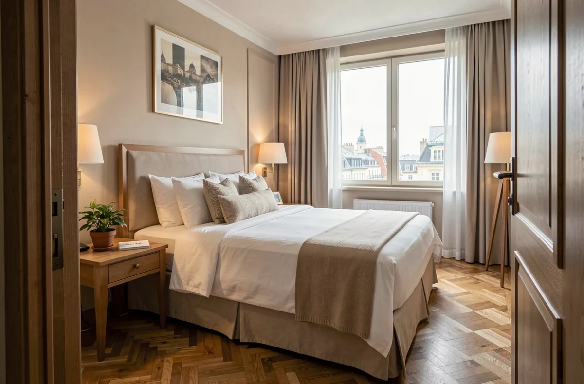 Chambre d'hôtel moderne avec lit king-size en linge blanc, parquet en bois et vue sur la ville à travers des rideaux transparents