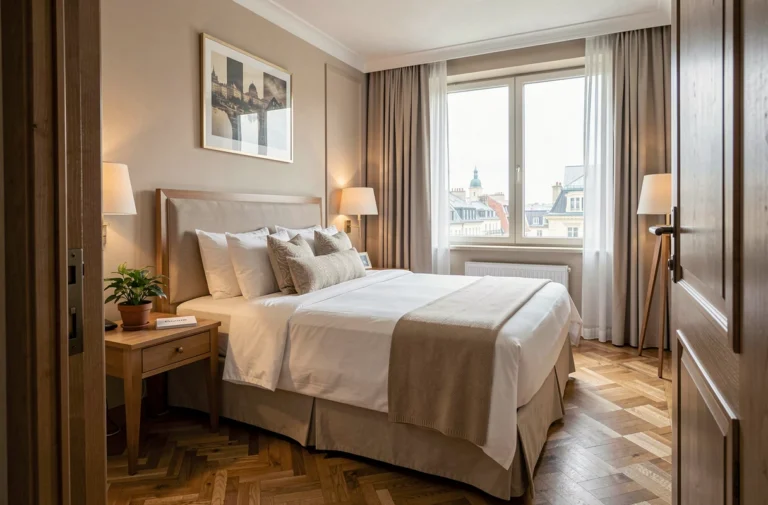 Chambre d'hôtel moderne avec lit king-size en linge blanc, parquet en bois et vue sur la ville à travers des rideaux transparents