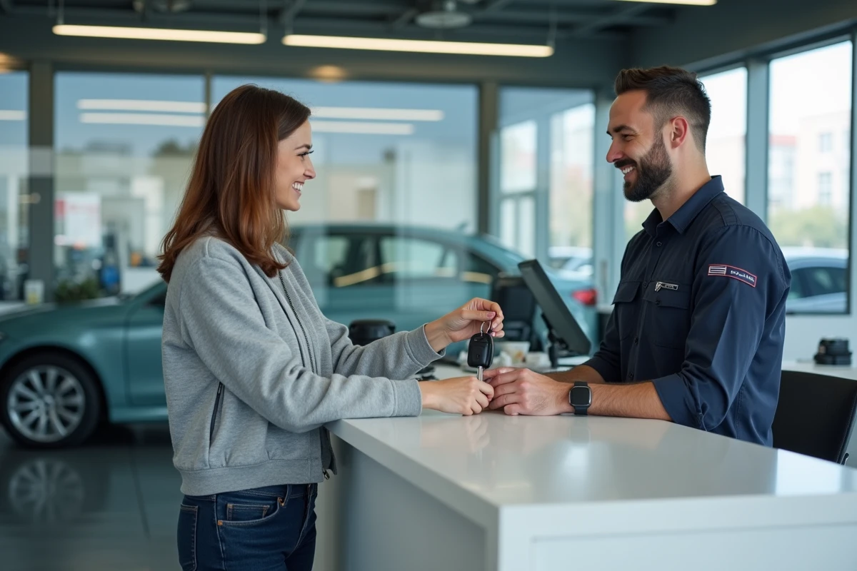 Cliente remettant ses clés à un conseiller dans la réception accueillante d'un garage automobile de confiance