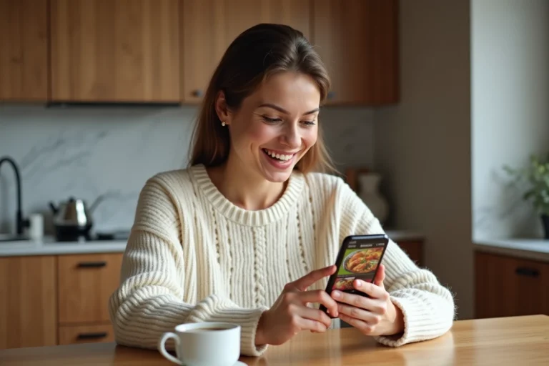 Jeune femme commandant des plats gourmands en ligne via une application de livraison sur son smartphone dans une cuisine moderne