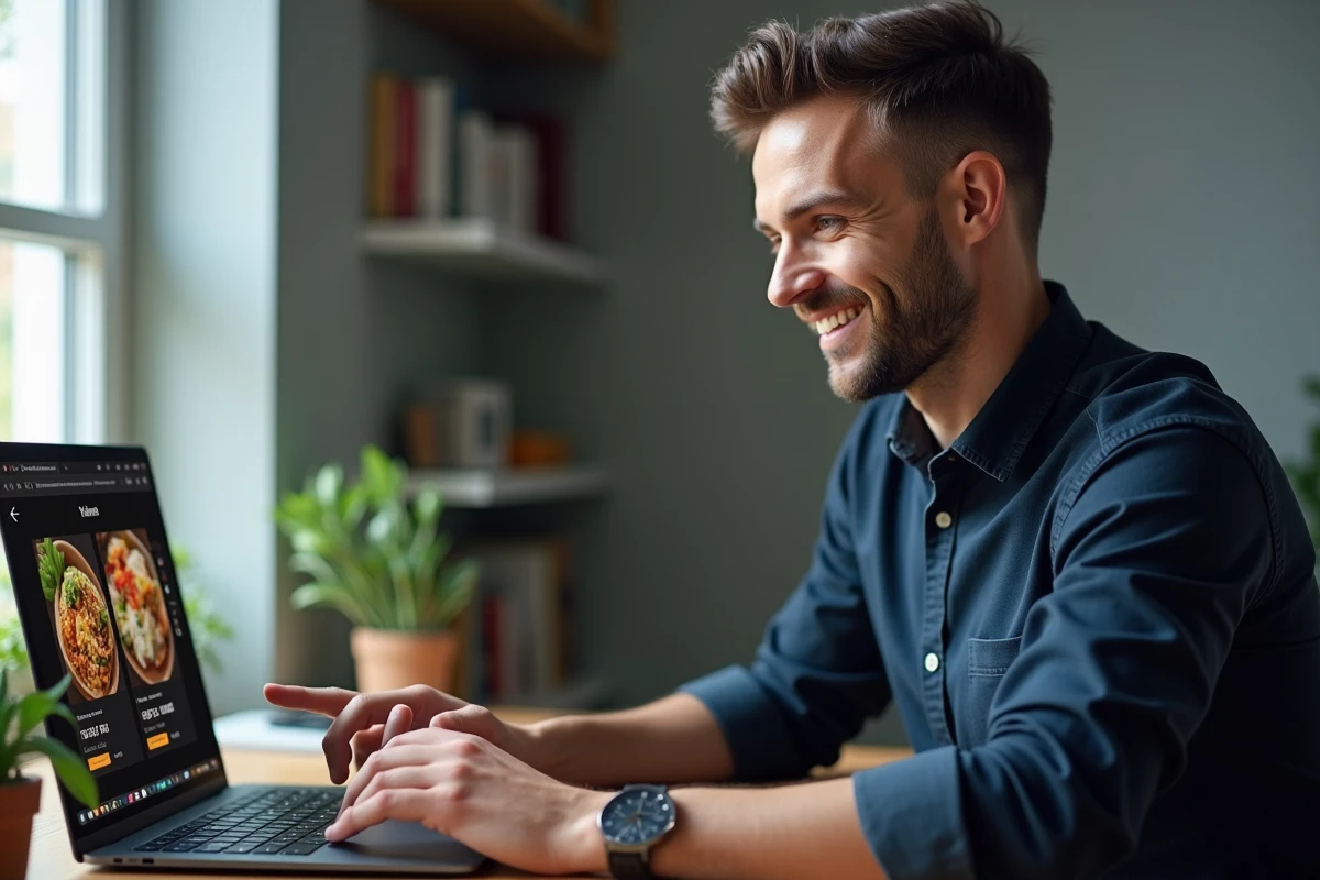 Homme commandant des repas gourmands sur un site de livraison de nourriture depuis son ordinateur portable à son bureau à domicile