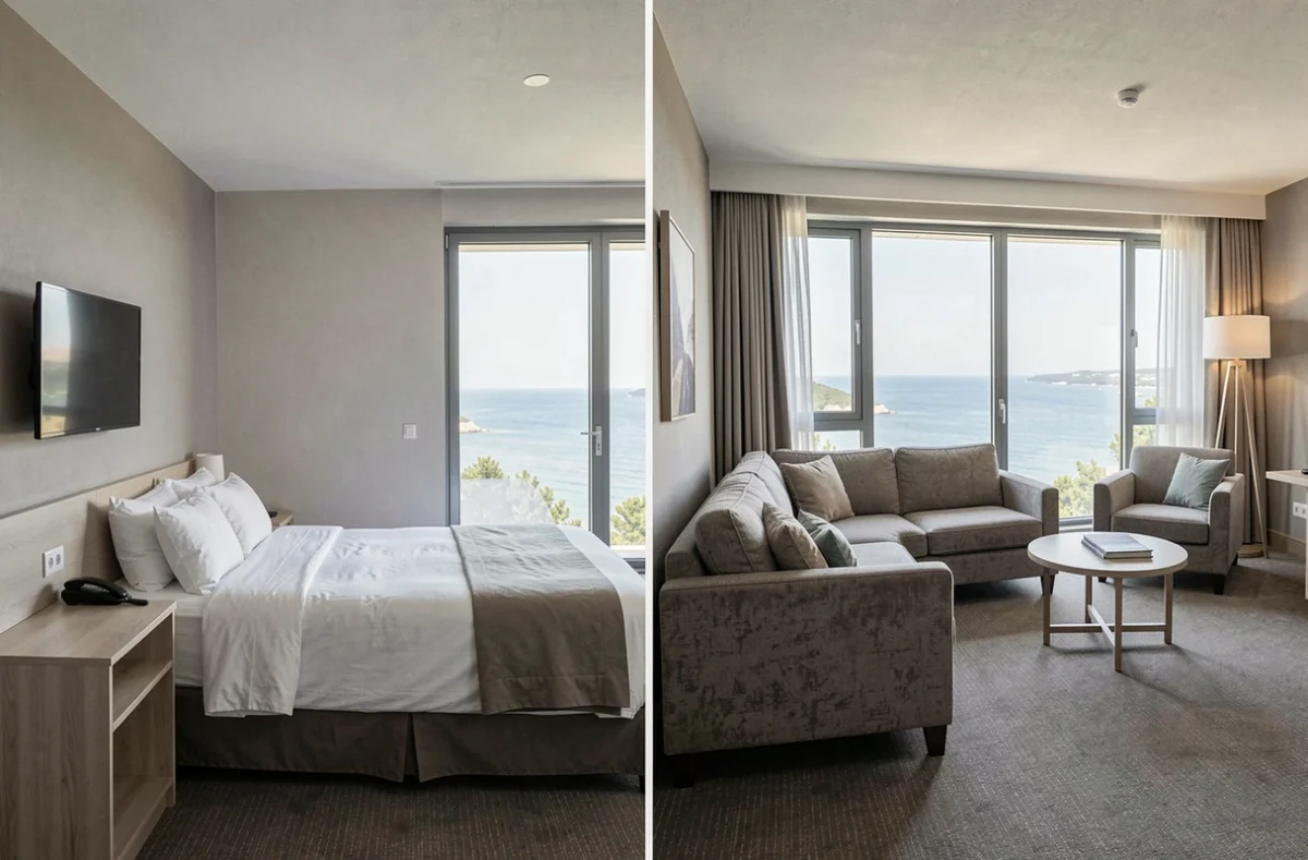 Comparaison entre une chambre d'hôtel standard compacte et une suite spacieuse avec salon séparé et vue sur la côte
