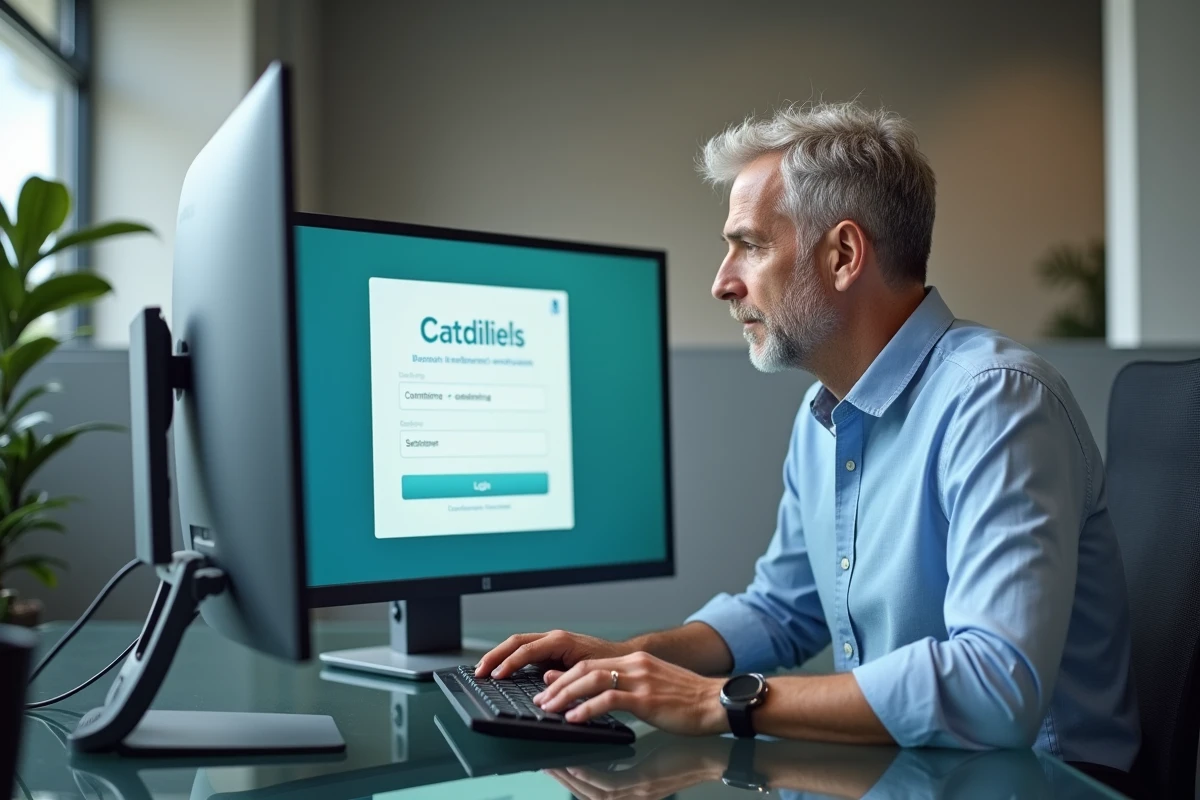Homme se connectant à un compte utilisateur sur une plateforme d'annonces en ligne depuis un bureau professionnel