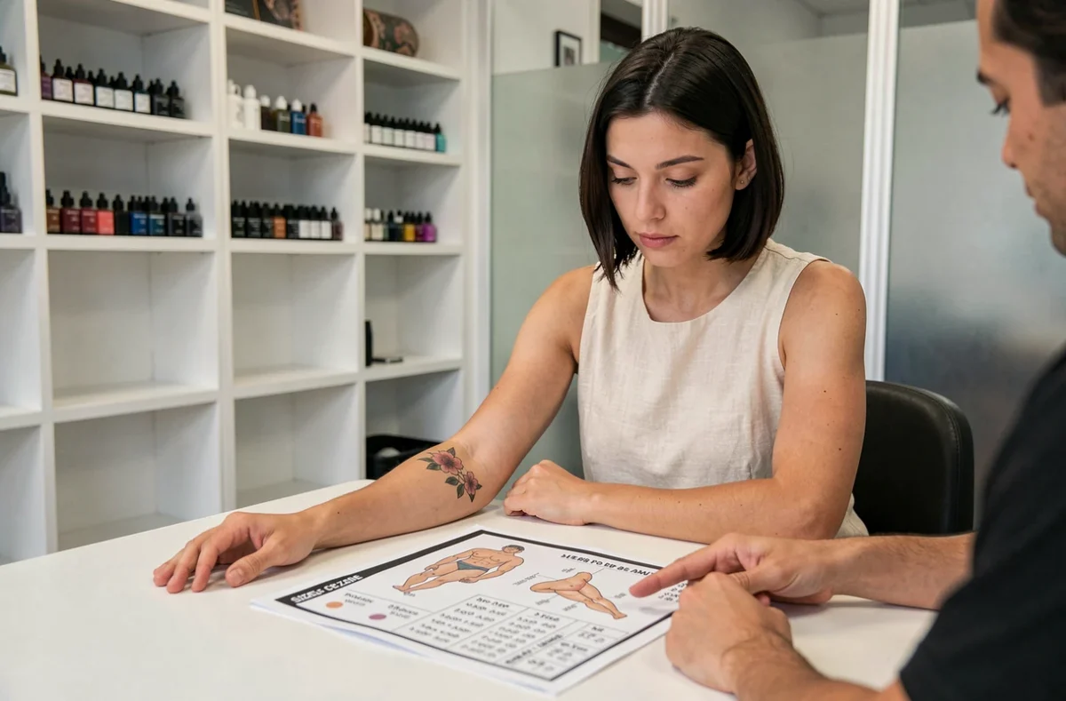 Cliente en consultation avec un tatoueur examinant un tableau de prix selon la taille et la zone du corps pour son tatouage