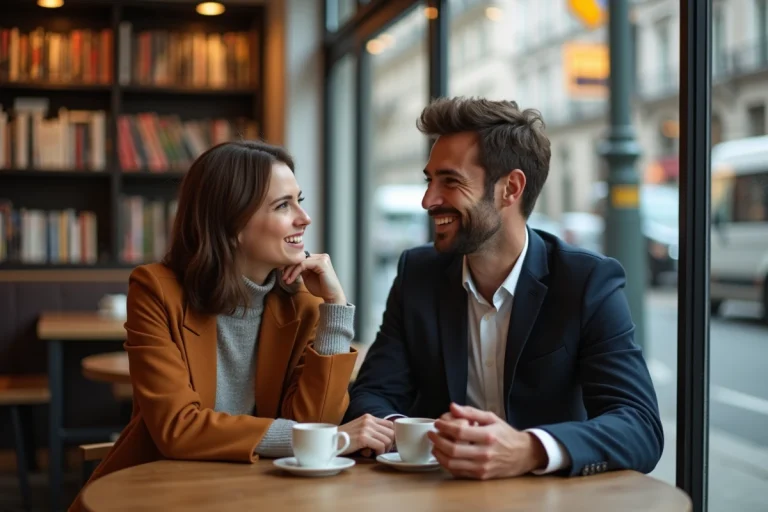 Une femme et un homme discutent dans un café chaleureux