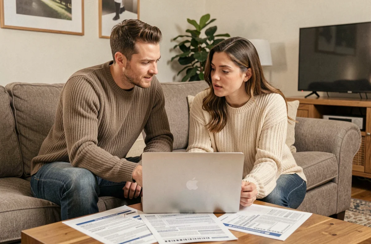 Un couple passe en revue des devis d'assurance auto ensemble dans leur salon
