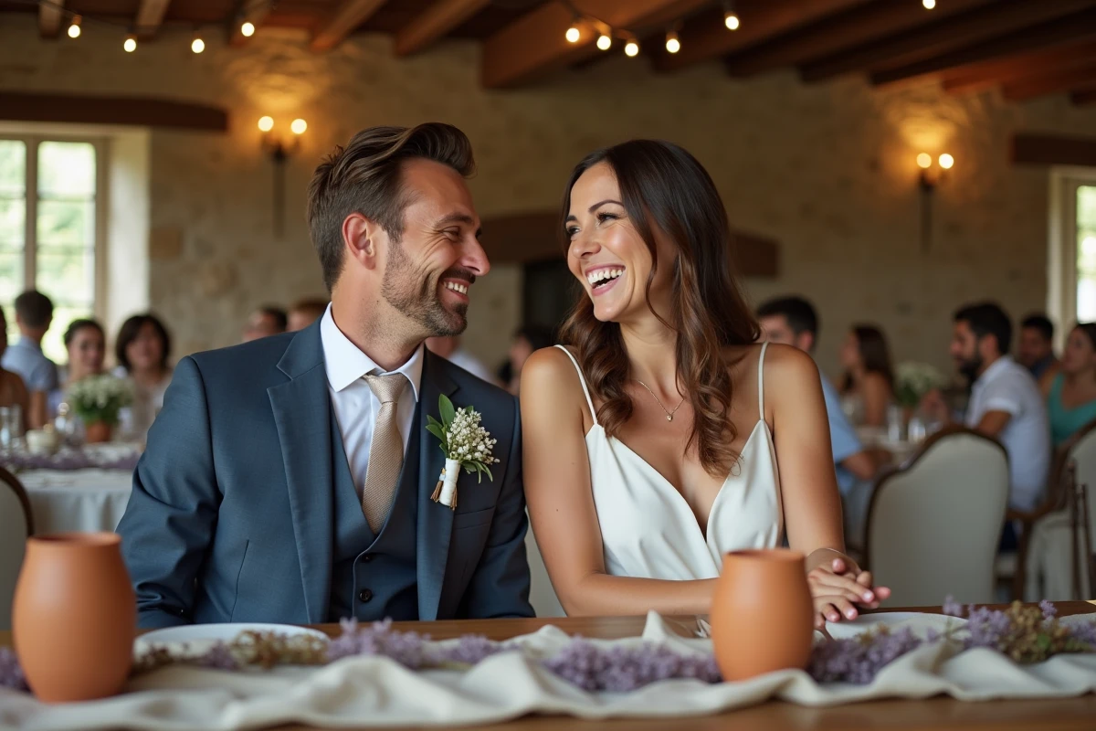 Couple de mariés riant à une réception de mariage champêtre dans une ferme provençale en France