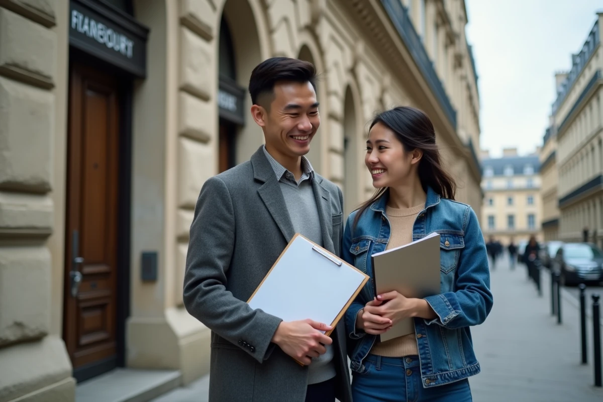 Couple devant une préfecture française tenant des documents liés au titre de séjour et aux droits de séjour à l'étranger