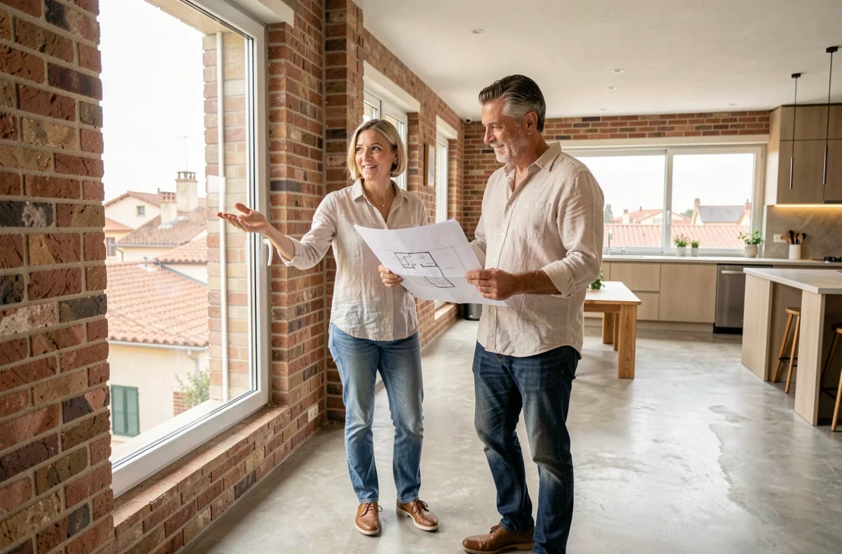 Couple visitant un appartement moderne avec vue sur les toits de Toulouse lors d'une visite immobilière