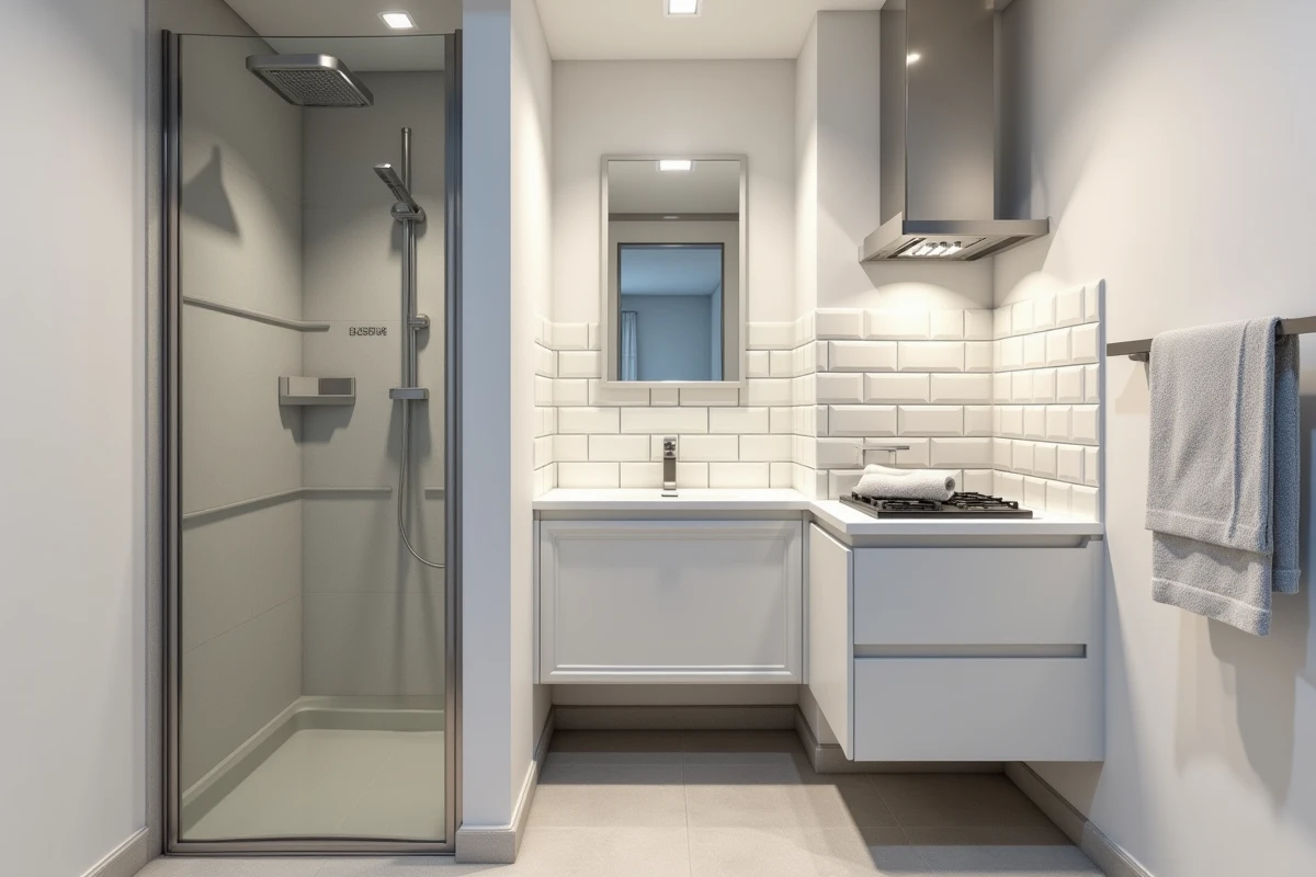 Coin cuisine et salle de bain d'une studette bien aménagée avec carrelage métro et rangements compacts pour optimiser la rentabilité locative