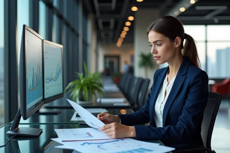 Jeune diplômée d'un master El Karoui analysant des modèles financiers dans un bureau moderne de finance quantitative