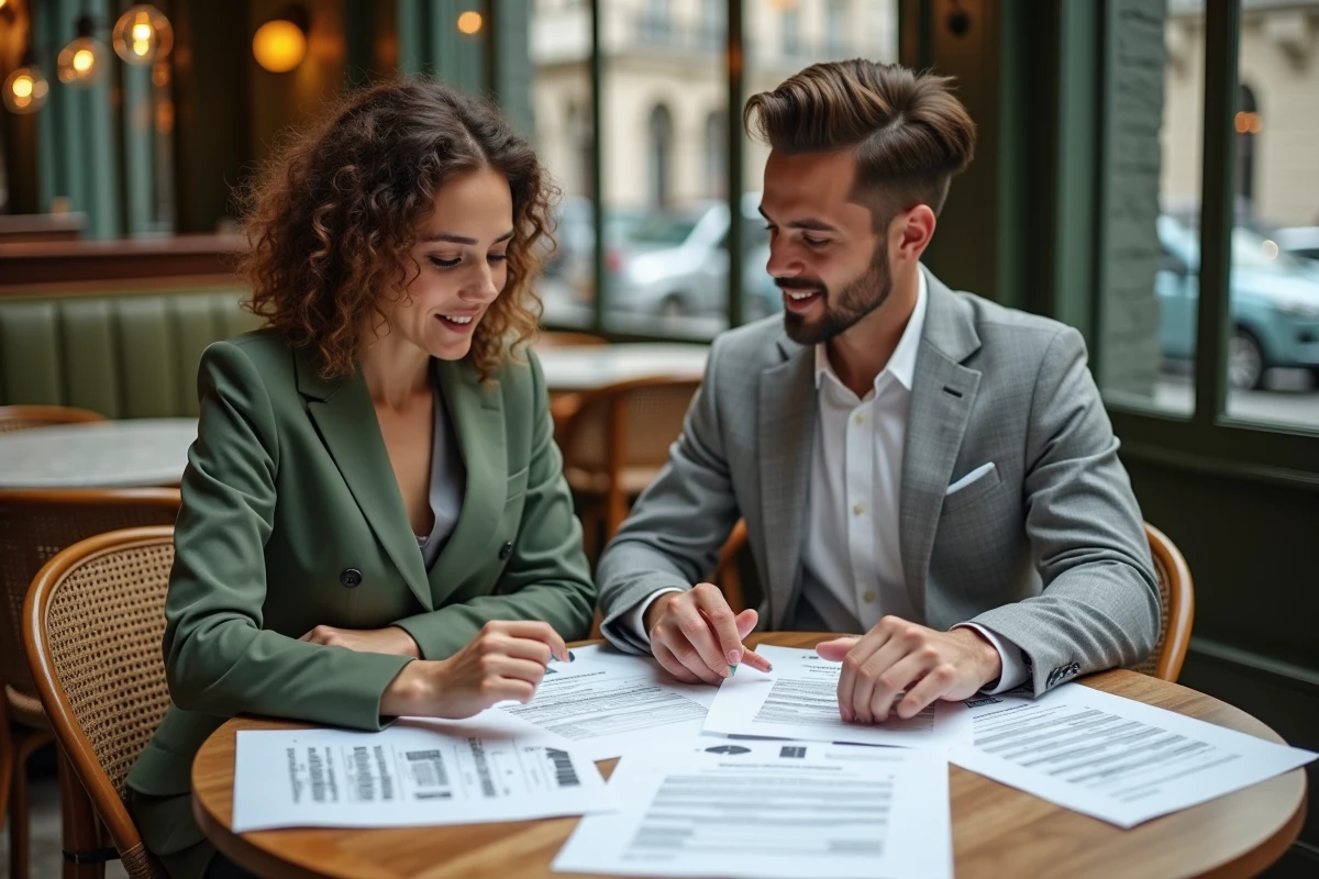 Deux jeunes diplômés du master El Karoui discutant de salaires et d'opportunités de carrière dans un café parisien