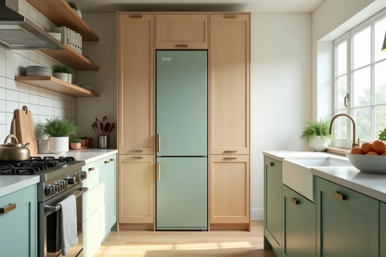 Panneau en bois peint en vert sauge dissimulant l'arrière du réfrigérateur dans une cuisine scandinave moderne