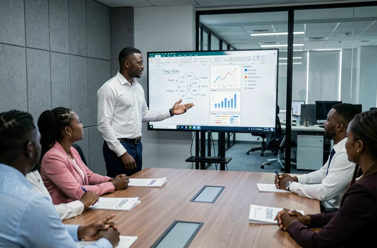 Jeune entrepreneur ivoirien présentant une stratégie commerciale à son équipe dans une salle de conférence professionnelle à Abidjan