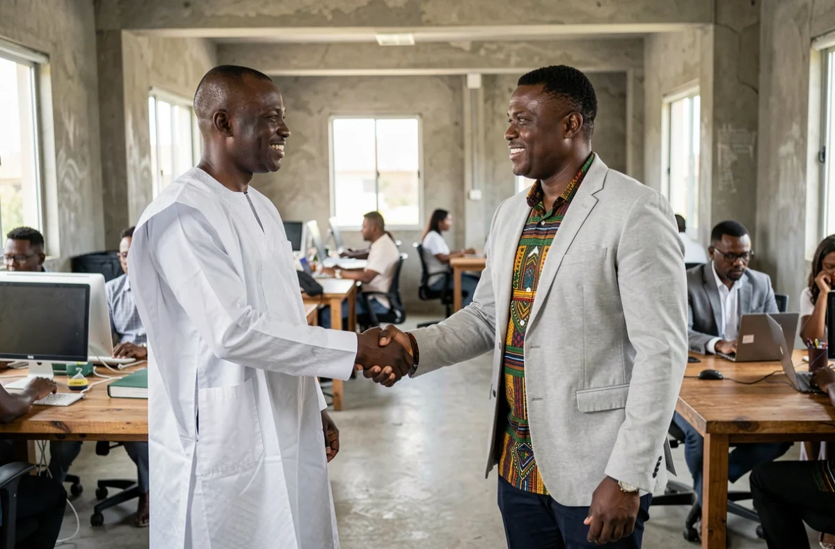 Deux entrepreneurs ivoiriens se serrant la main dans un espace de coworking moderne à Cocody, Abidjan, symbolisant la collaboration professionnelle