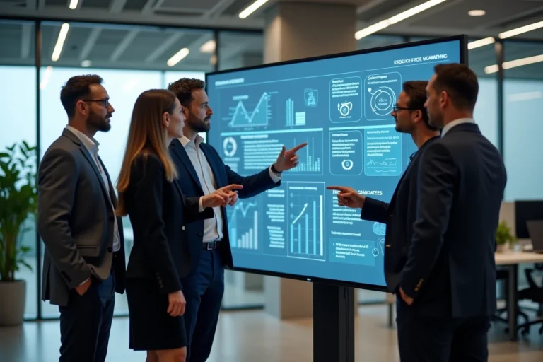 Groupe de professionnels en réunion autour d'un écran digital