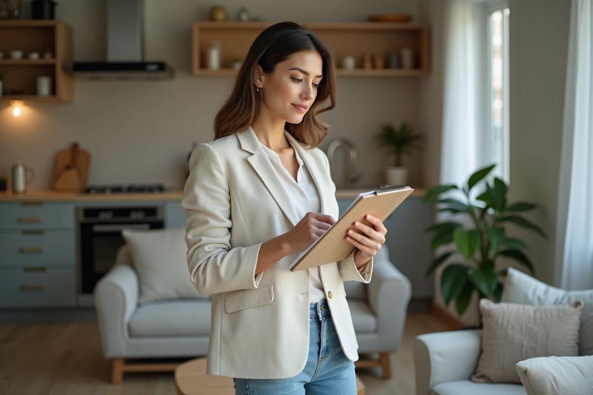 Propriétaire ou agent immobilier évaluant l'aménagement d'une studette avant mise en location ou en vente