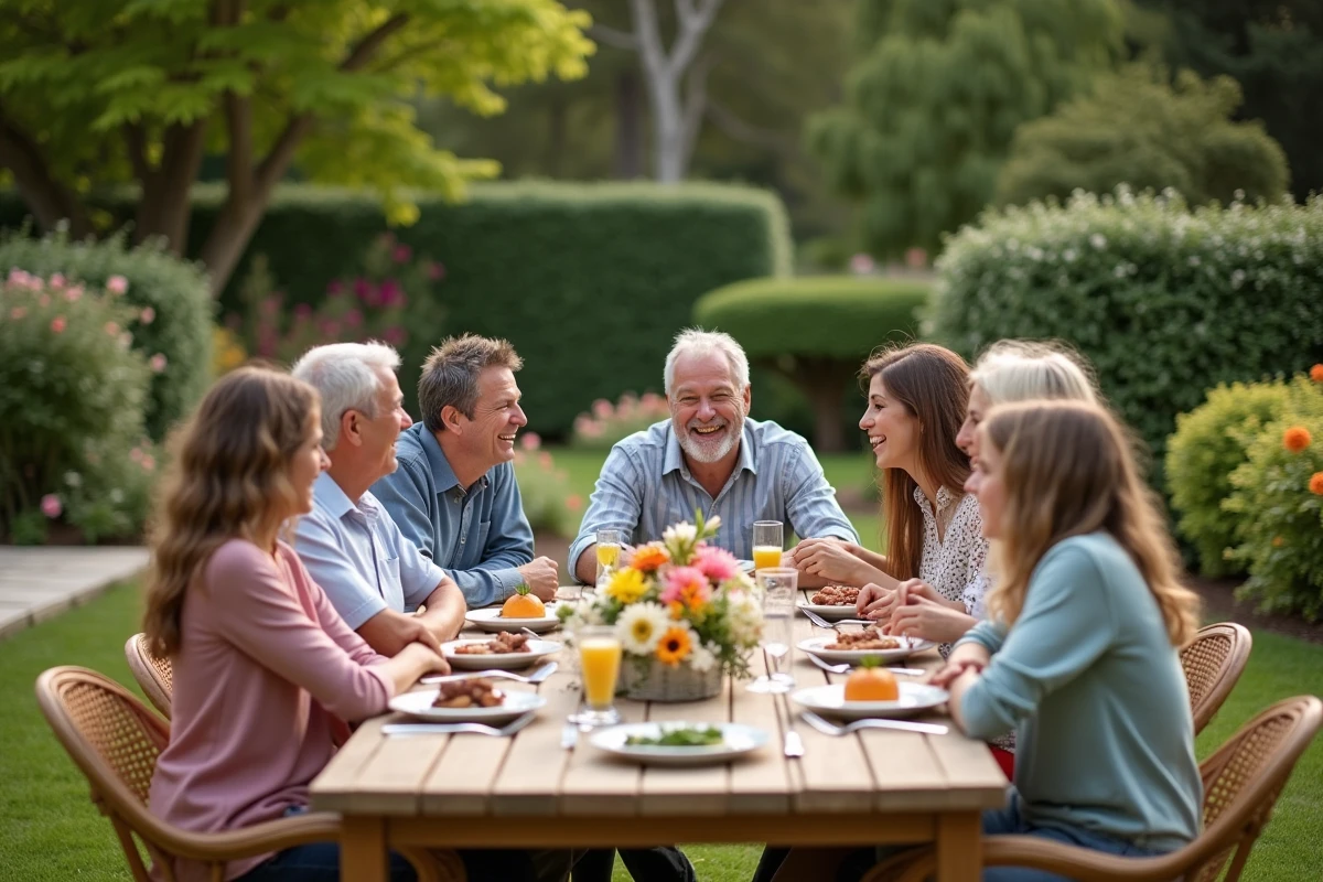 Famille réunie dans un jardin fleuri en été