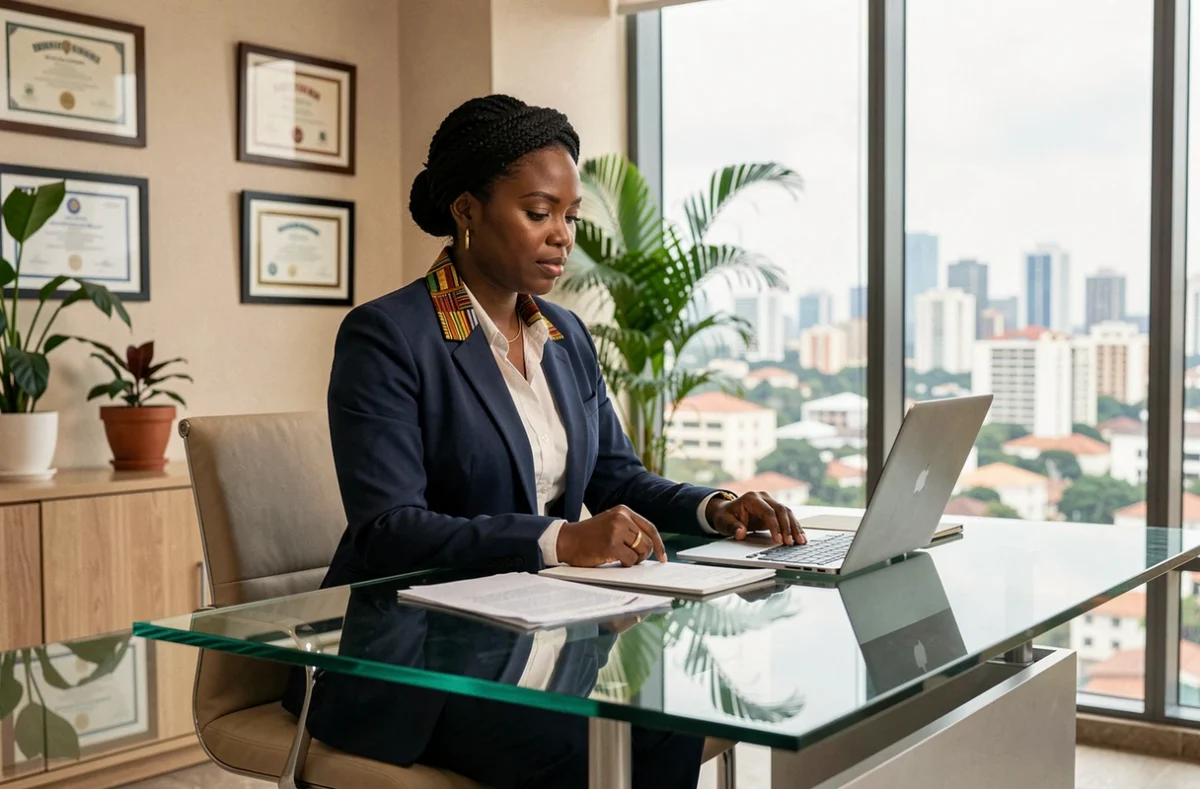 Femme d'affaires ivoirienne professionnelle dans un bureau moderne à Abidjan révisant des documents pour développer son entreprise