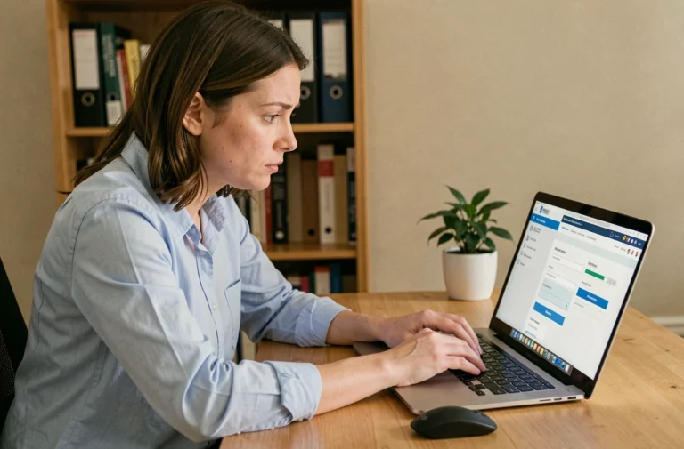 Femme consultant un site administratif en ligne pour annuler une demande de titre de séjour