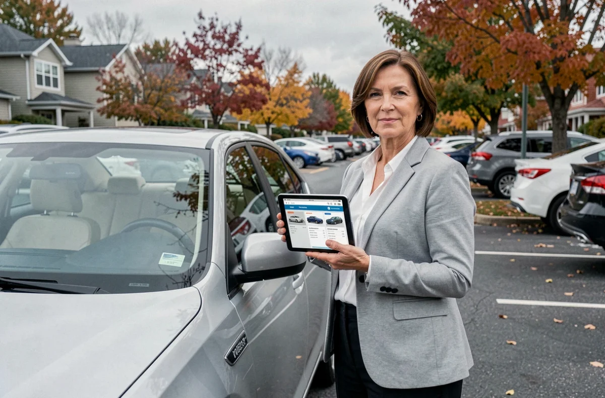 Une femme consulte une application de comparaison d'assurance auto près de sa voiture