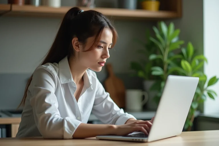 Jeune femme travaillant sur un ordinateur dans une cuisine moderne