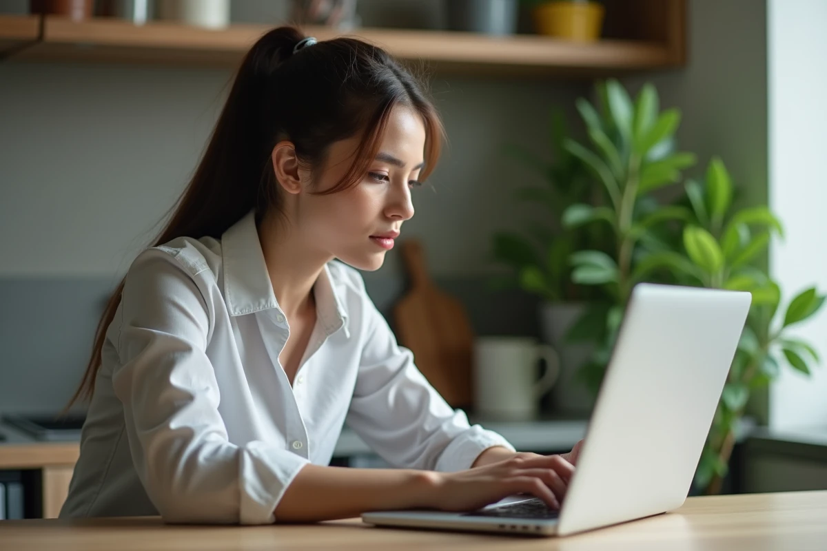 Jeune femme travaillant sur un ordinateur dans une cuisine moderne