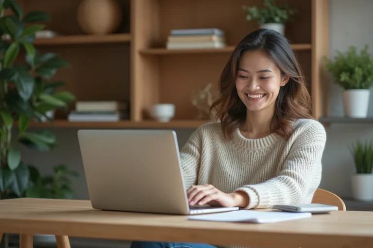 Femme souriante travaillant à son bureau à domicile