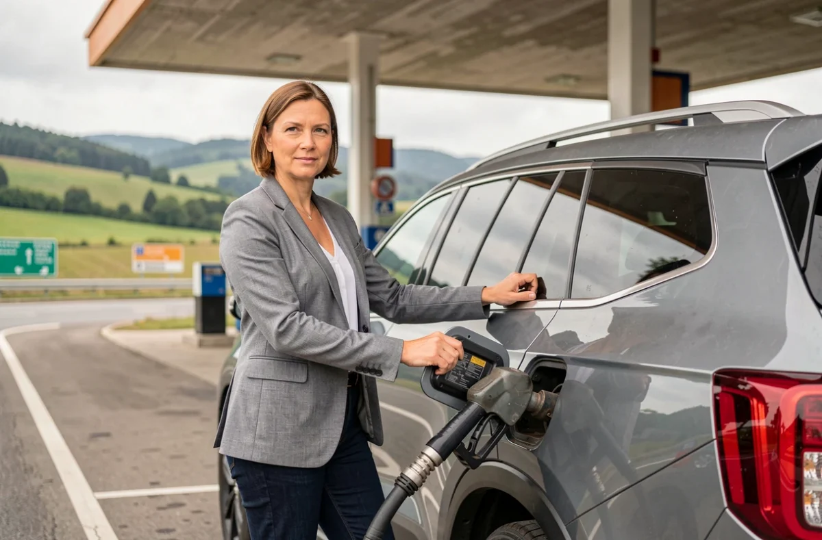 Femme faisant le plein de diesel sur une autoroute française avec un SUV moderne