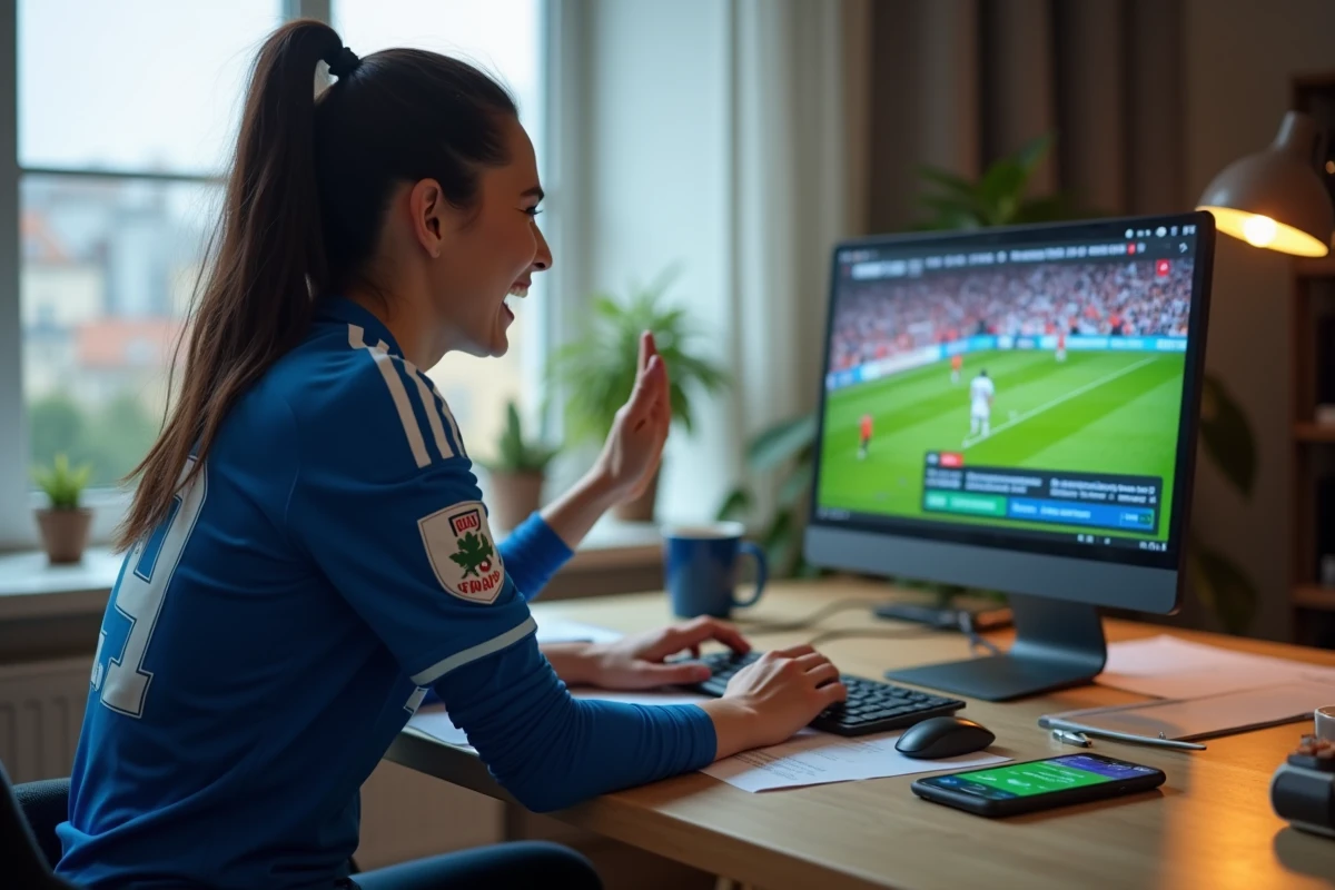 Femme en maillot de football regardant un match en streaming sur ordinateur portable