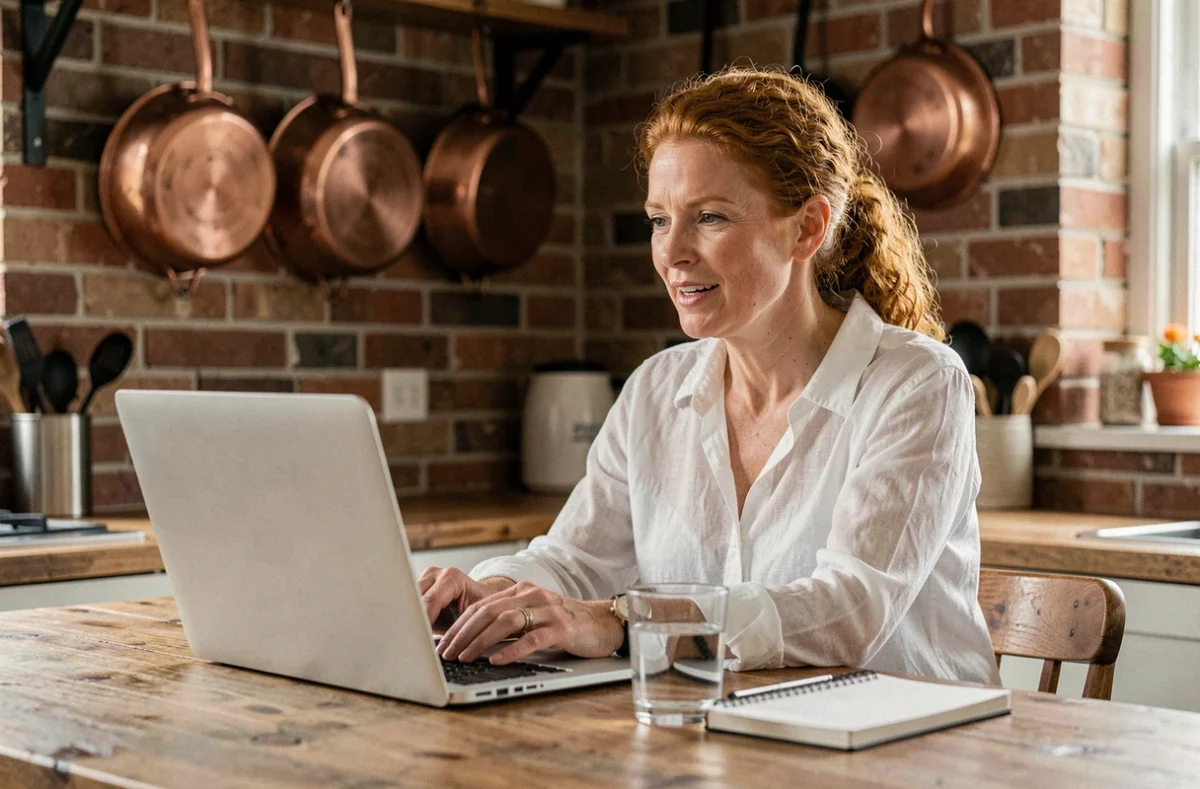 Femme en réunion virtuelle depuis sa cuisine aménagée, illustrant la flexibilité et l'équilibre du télétravail au quotidien