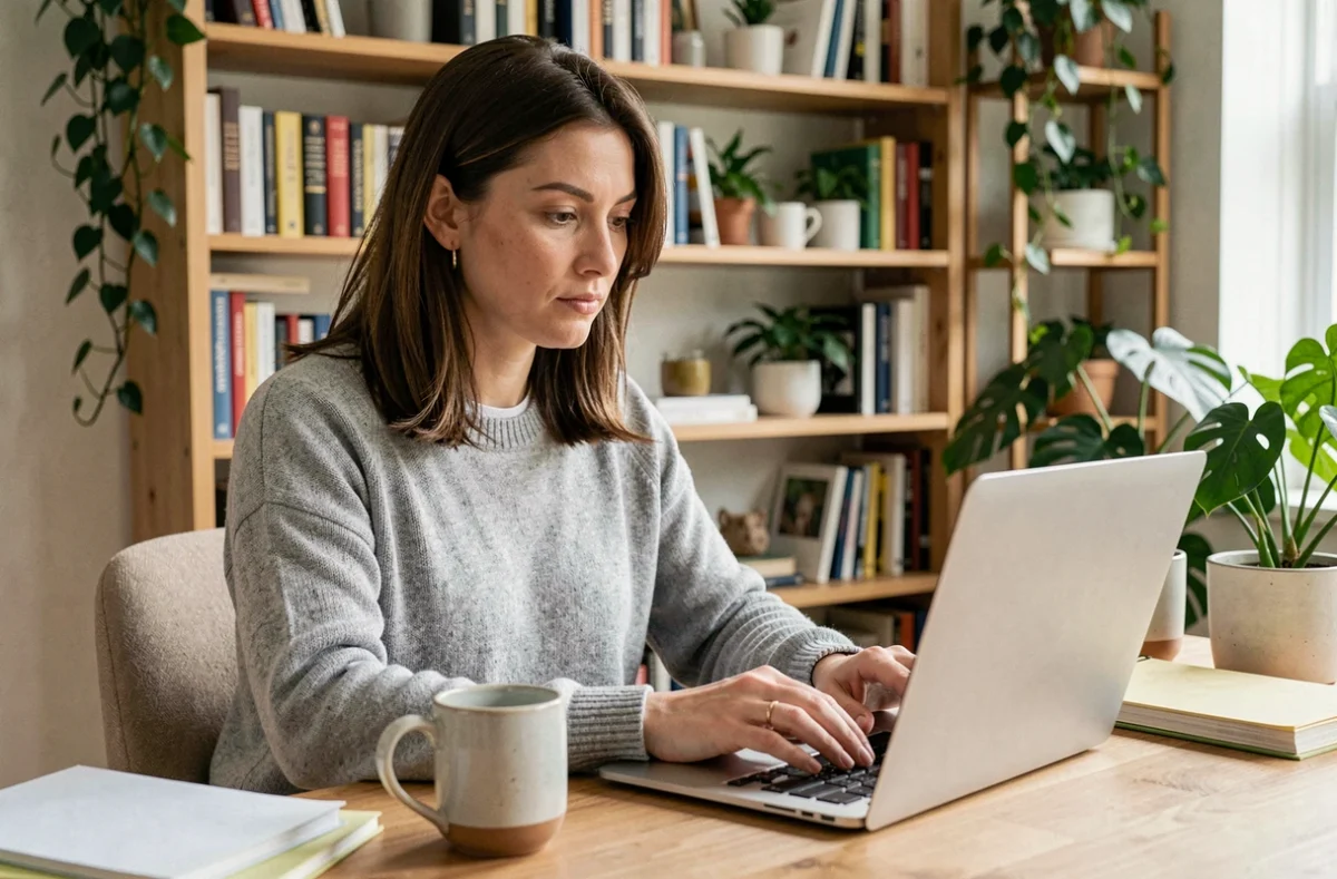 Femme en télétravail concentrée devant son ordinateur portable dans un bureau à domicile chaleureux et bien organisé