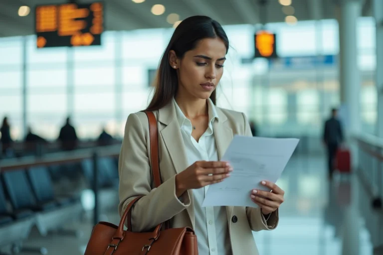 Femme étudiant des documents de titre de séjour dans un aéroport international avant un départ à l'étranger