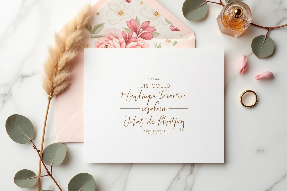 Flat lay élégant de papeterie de mariage française avec invitations calligraphiées, alliance dorée et botaniques séchés sur marbre