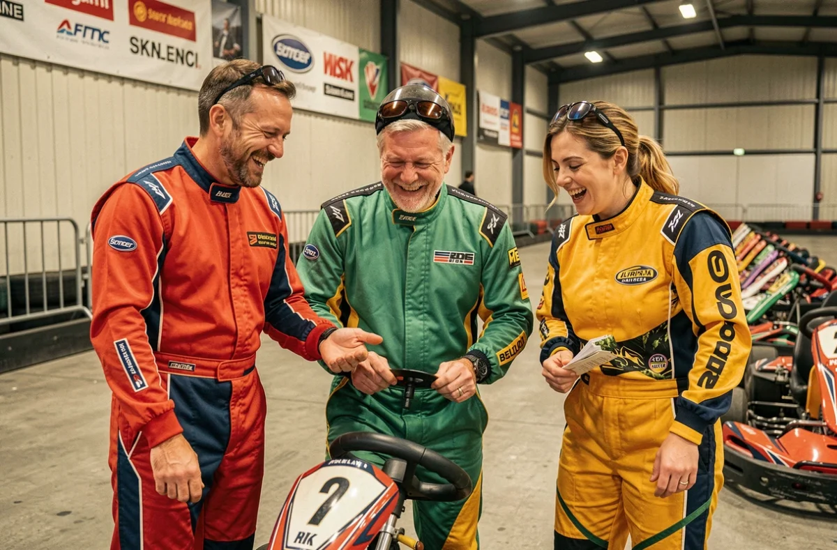 Groupe d'adultes en combinaisons de karting dans le stand d'un circuit indoor belge, ambiance conviviale et sportive