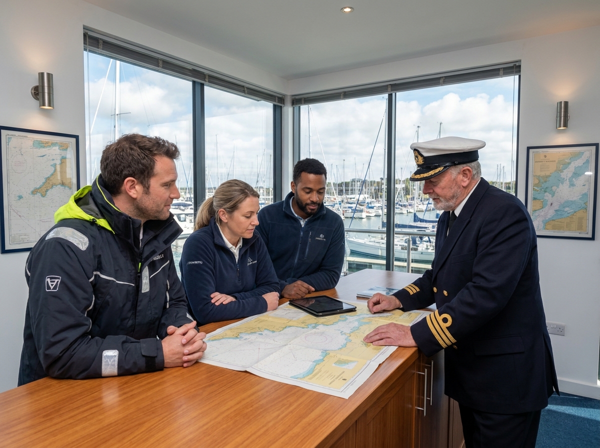 Groupe de quatre personnes discutant avec un marin dans un marina
