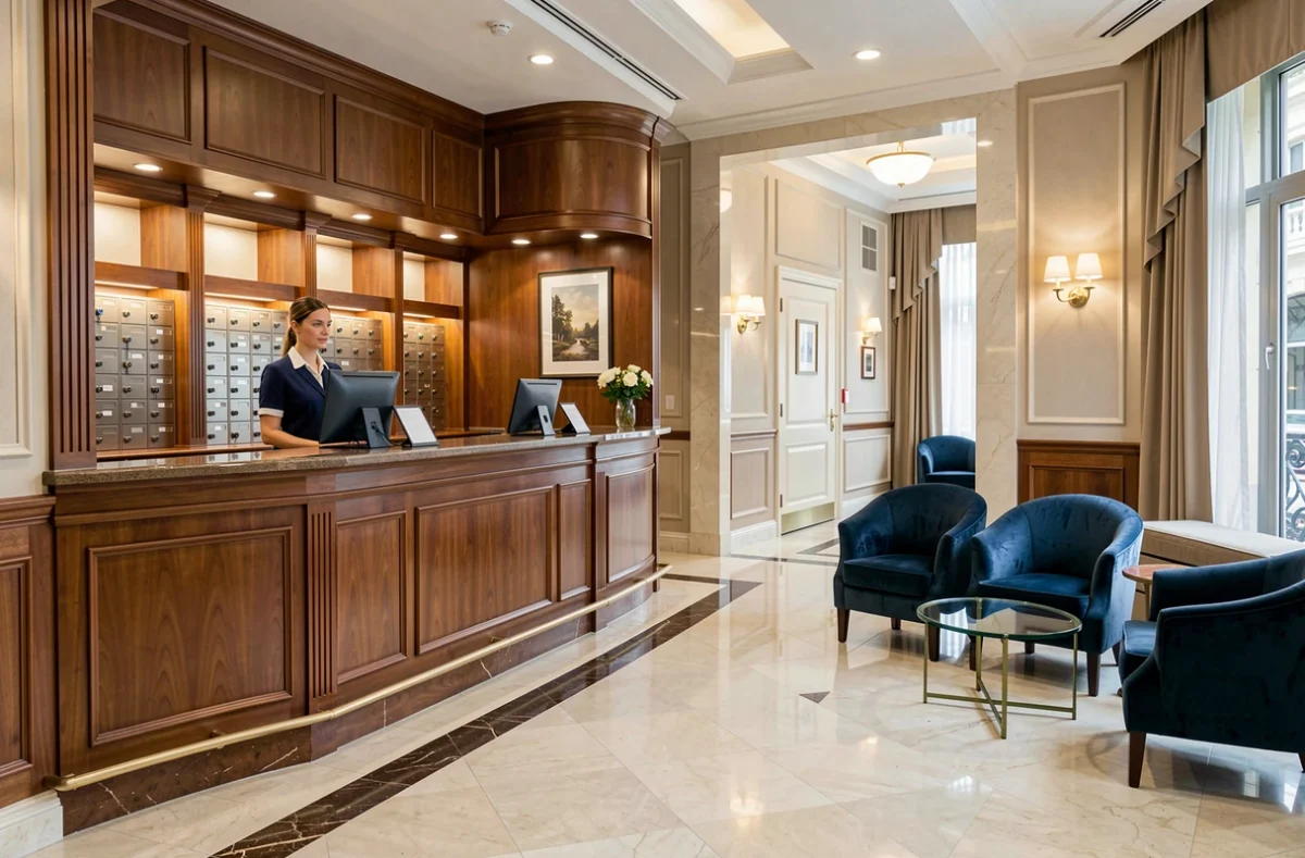 Hall de réception d'un hôtel classique avec sol en marbre, bureau d'accueil en bois et réceptionniste en uniforme marine
