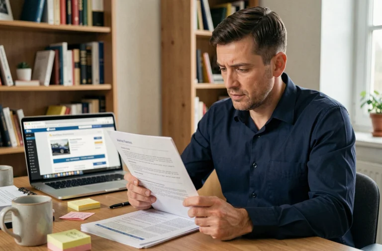 Un homme concentré compare des contrats d'assurance auto à son bureau à domicile