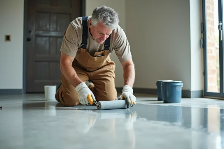 Hommes en travaux appliquant de l'epoxy sur un sol intérieur