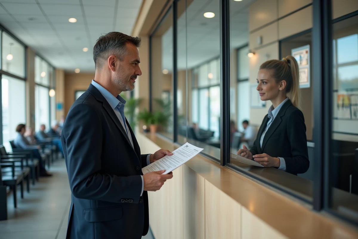 Homme discutant avec un conseiller bancaire au guichet
