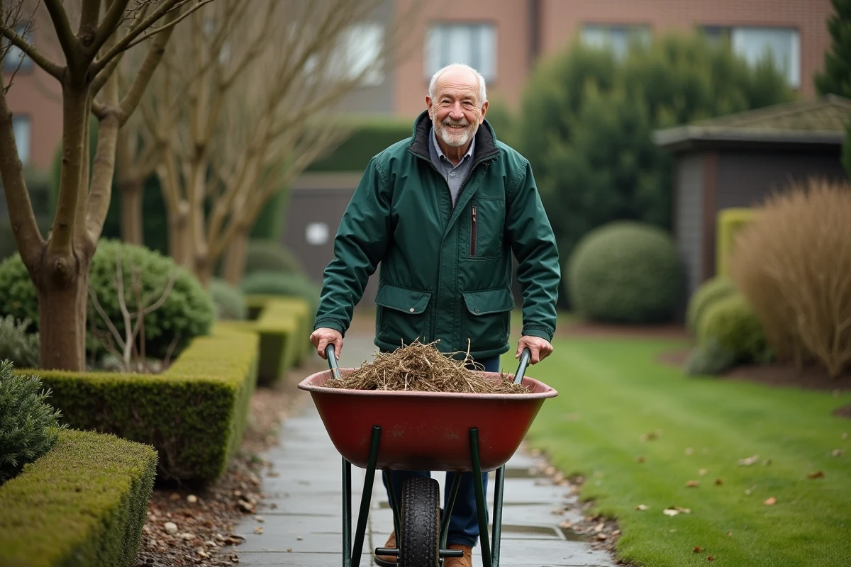 Homme senior poussant une brouette dans le jardin