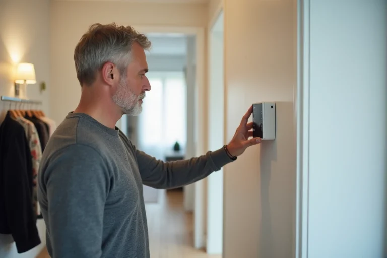 Homme examinant un panneau de contrôle d'alarme domestique moderne dans l'entrée d'une maison, illustrant l'installation et l'amortissement d'un système de sécurité