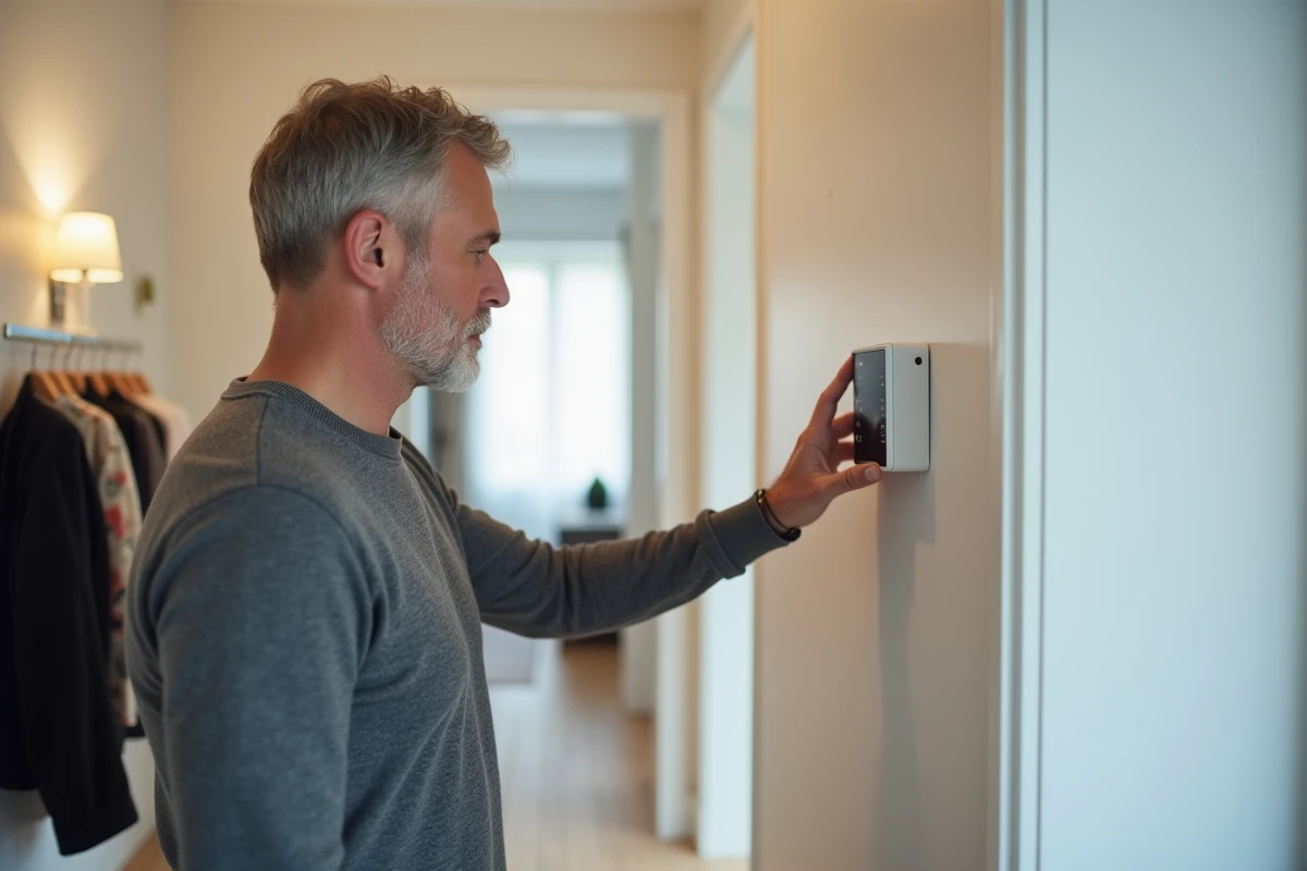 Homme examinant un panneau de contrôle d'alarme domestique moderne dans l'entrée d'une maison, illustrant l'installation et l'amortissement d'un système de sécurité